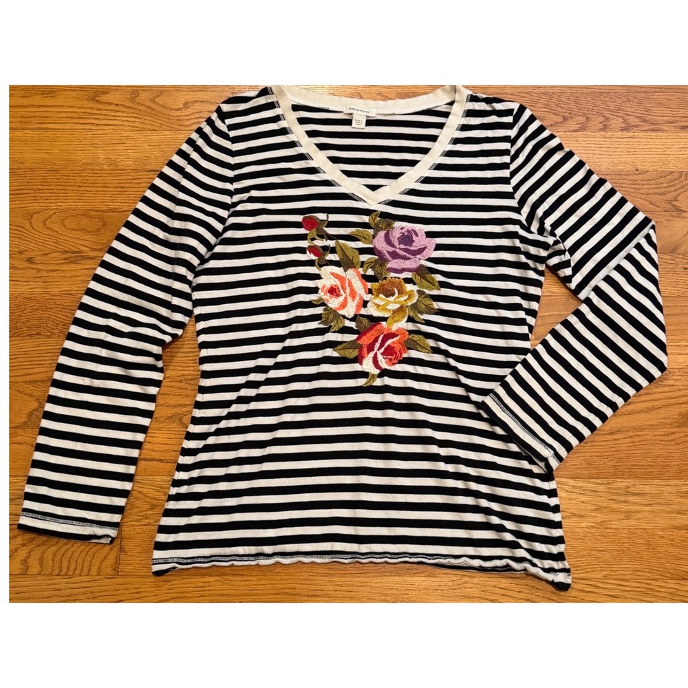Boston Proper Black White Striped Floral Embroidered V-Neck Long Sleeve Top L